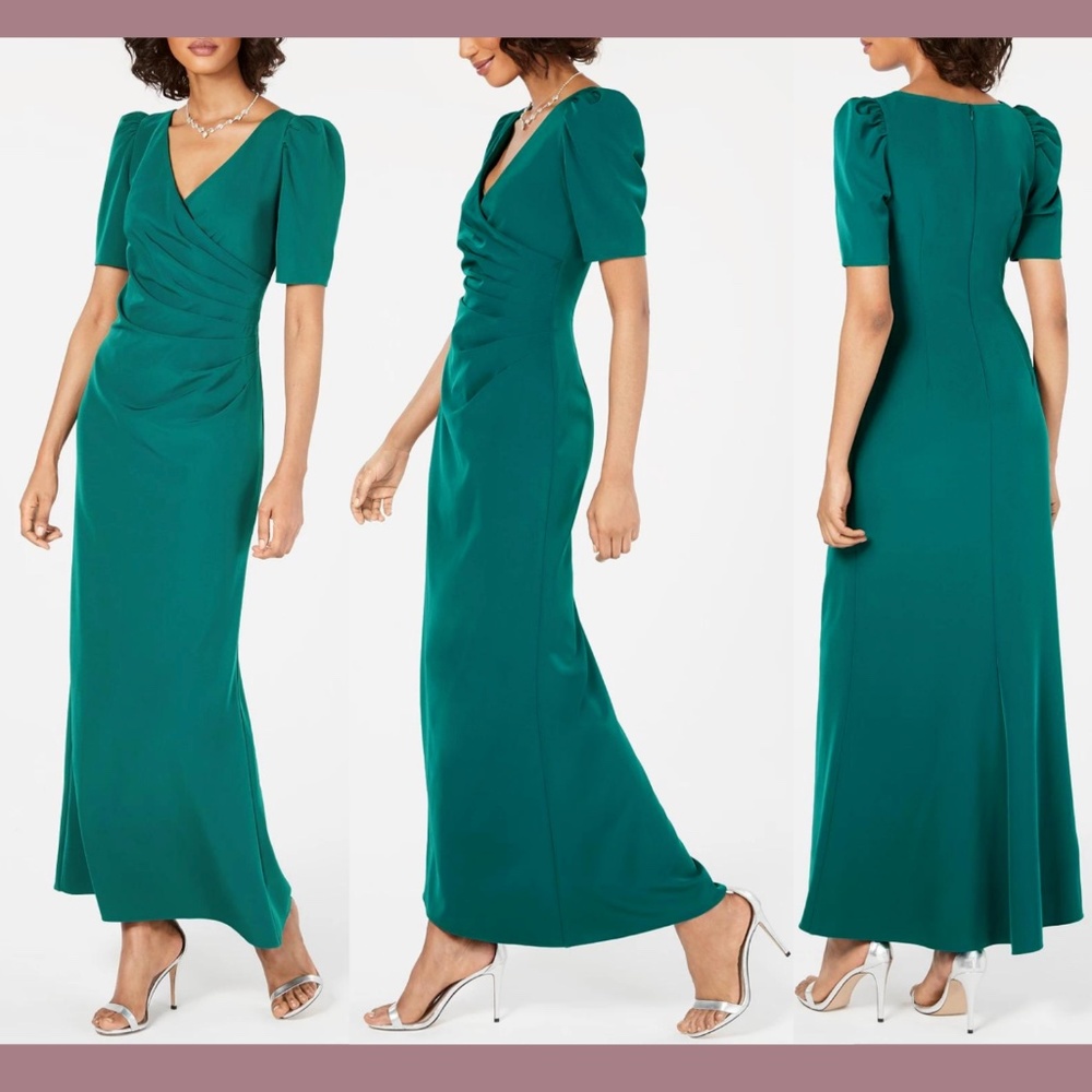 NWT Adrianna Papell [PETITE SZ 4P ] Puff-sleeve Ruched Gown‎ In Dark Jade